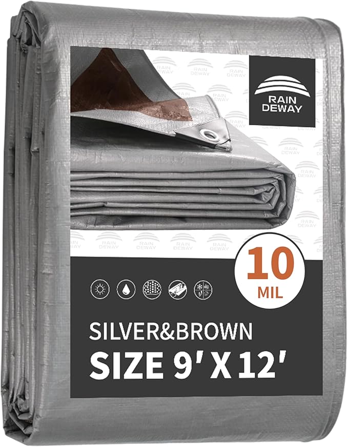 Tarps Heavy Duty Waterproof 9x12 Feet, 10Mil Multipurpose Poly Tarp Cover with Metal Grommets and Reinforced Edges, Silver/Brown Tarp by RAINDEWAY