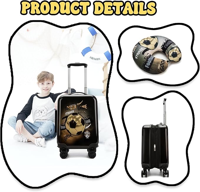Kids Football Suitcase Set for Boys Hardside Luggage with Spinner Wheels 2 Piece 16inch Toddler Suitcase for Boys Travel Carry on Luggage Airline Approved