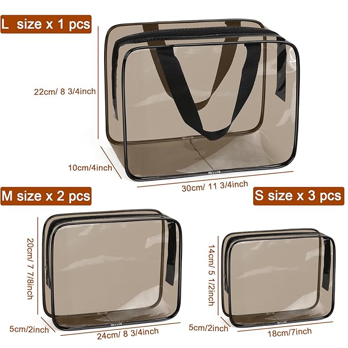 APREUTY Clear Makeup Bags, TSA Approved 6 Pcs Cosmetic Makeup Bags Set Clear PVC with Zipper Handle Portable Travel Luggage Pouch Airport Airline Vacation Organization (Black Brown)