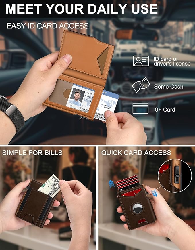Airtag Wallet for Men, Minimalist Slim Mens Wallet Smart Pop Up Credit Card Holder for 9-13 Cards, RFID Blocking Wallet with ID Window & Cash Slot, Compact Bifold Metal Aluminum Card Case