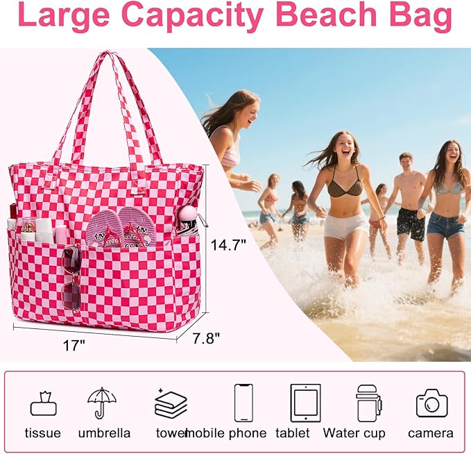 LEDAOU Large Beach Tote Bag Women Waterproof Sandproof Zipper Beach Tote Bag for Pool Gym Grocery Travel with Wet Pocket