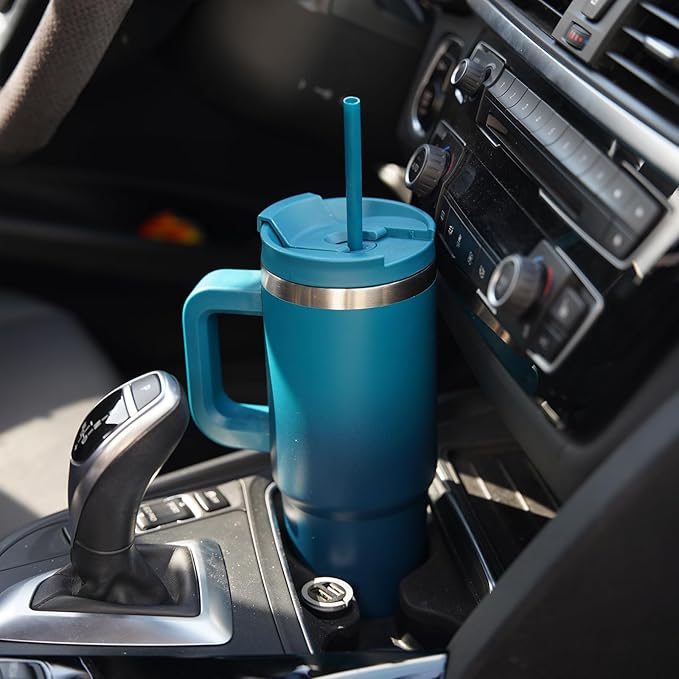 40 oz Tumbler with Handle and 2 Straws,2 in 1 Lid Insulated Water Bottle Stainless Steel Travel Coffee Mug,Navy blue