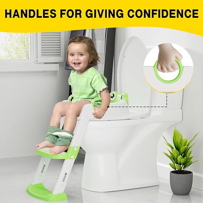 Potty Training Seat with Step Stool Ladder, Toddler Toilet Seat with PU Cushion, Adjustable 5-Level Height, Foldable Potty Training Toilet for Kids Boys Girls, Anti-Slip Pads Ladder