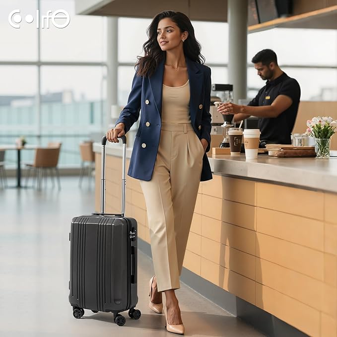 Coolife Luggage Suitcase PC+ABS with TSA Lock Spinner Carry on Hardshell Lightweight 20in 24in 28in (wine red, S(20in_carry on))