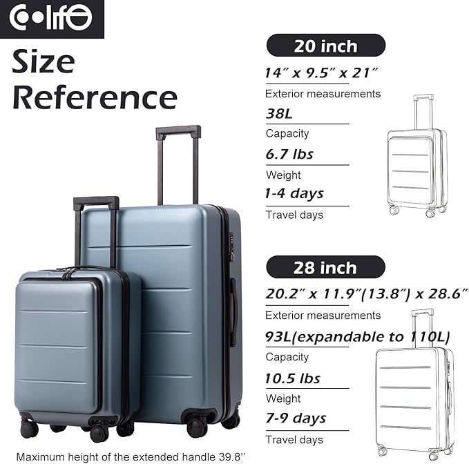 Coolife Luggage Suitcase Piece Set Carry On ABS+PC Spinner with pocket Compartment(White, 2-piece Set)