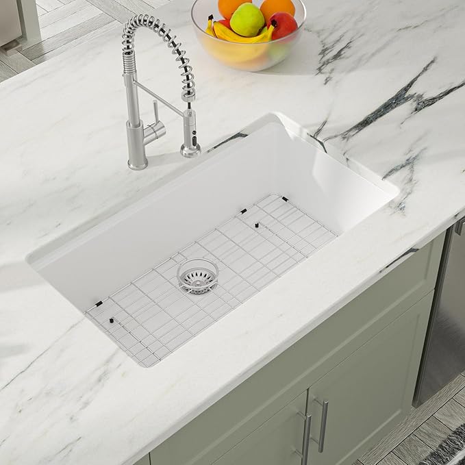Dcolora 32-Inch Granite Composite White Kitchen Sink, Single Bowl Undermount Workstation Quartz Sink, 32"W x 19"D x 10"H #DC-GU7755