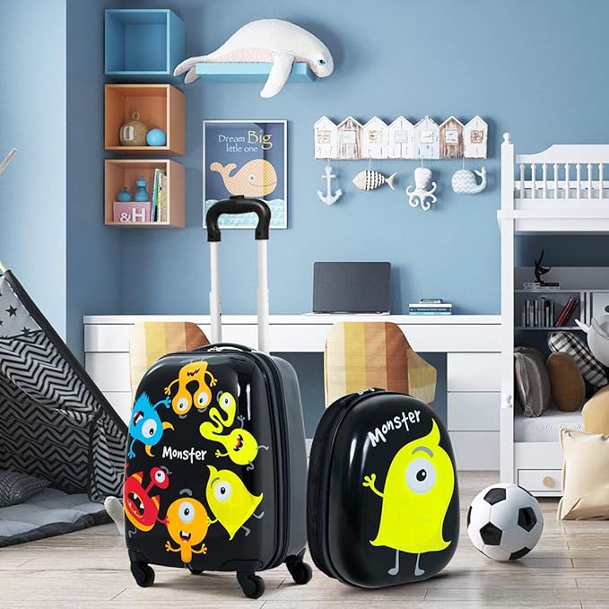 HONEY JOY Kids Luggage, 12" Toddler Backpack & 16" Travel Suitcase with Wheels, Lightweight Toddler Girls Suitcase, Durable ABS Hardshell, 2Pcs Carry On Luggage Set for Boys Girls, Black Monster
