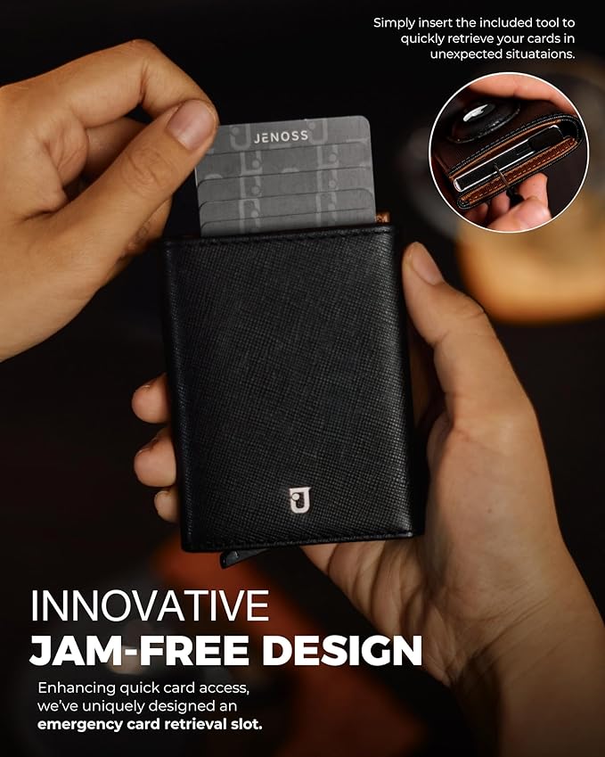 Jenoss Smart AirTag Wallet for Men: Full Grain Leather, Handcrafted, Silver Pop Up Case,Slim, RFID Blocking Credit Card Holder Compact, 12 Slot Organizers ID Cash Apple Air Tag Tracker (Black&Brown)