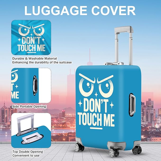 ANNA QUEEN Funny “Don’t Touch Me” Luggage Cover, Bold Blue Suitcase Protector with Angry Eyes Design, Stretchable, Washable Travel Cover for 28-30 Inch Luggage