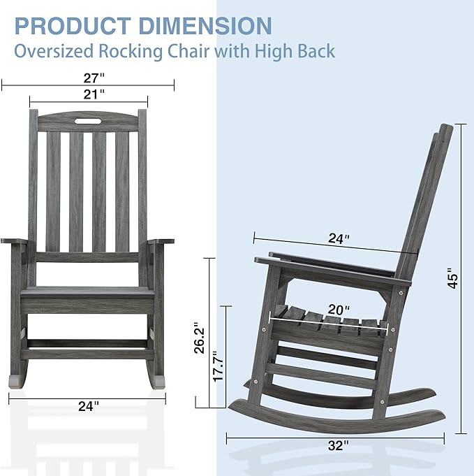 Psilvam Outdoor Rocking Chair, Poly Lumber Oversized Rocking Chair with 21" Wide Seat and 32" Tall Backrest, Pre-Assembled with Most Components for Effortless Installation(Dark Gray)