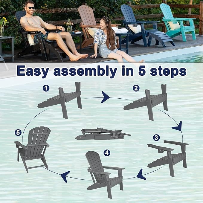 Folding Adirondack Chair with Cup Holder Set of 4, HDPE Patio Chairs,All-Weather Outdoor Chairs for Backyard, Deck,Fire Pit-Coffee