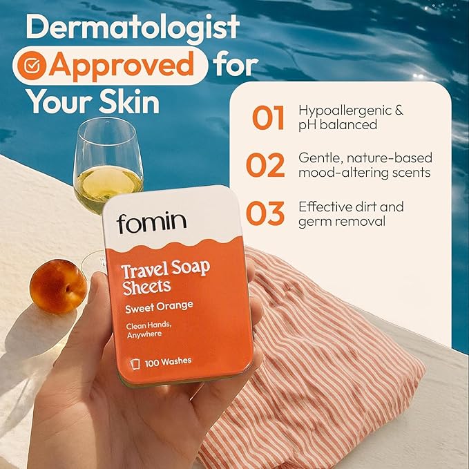 FOMIN - Antibacterial Paper Soap Sheets Tin for Traveling - (300 Sheets) Orange - Portable Travel Hand Soap Sheet, Dissolvable Mini Camping Hand Soap for Hand Washing