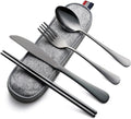 DEVICO Camping Utensils, Portable Travel Utensils with Case, Stainless Steel Reusable Silverware for Lunch Adult, 5Pcs Cutlery Set Includes Knife Spoon Fork Chopsticks and Case (Black)