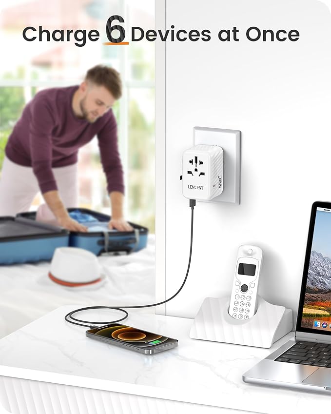 LENCENT International Travel Adapter, 65W GaN3 Universal Fast Charger with 2 USB A + 3 Type C PD, Worldwide Power Adaptor for Phones,Laptops, All in One Travel Essentials for EU/USA/UK/AU, White