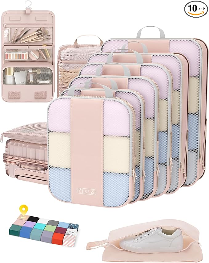 10 Set Compression Packing Cubes for Travel Women Mom,OlarHike Luggage Clothes Storage Gifts for Travelers,Airplane/Cruise/Car/Train Travel Essentials,Compressible Expandable Saver Space Bags(Beige)