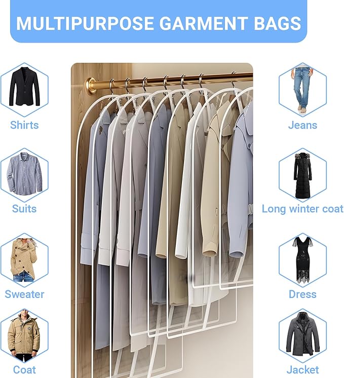Garment Bags for Hanging Clothes 24'' x 54'' (Set of 12) Coat Covers for Closet Foldable Washable Dress Bags for Hanging Clothes for Long Dress Dance Costumes Suits Gowns Coats