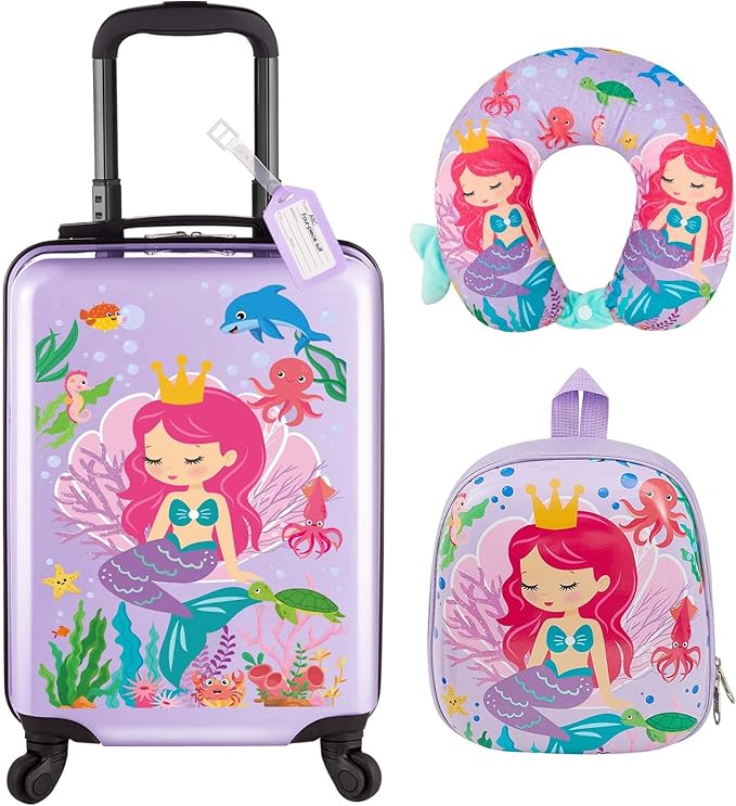 Sanwuta 4 Pcs Kids Luggage Set Kids Backpack Travel Rolling Suitcase with Wheels U-shape Pillow Childrens Gift for Girls Boys(20 Inch,Mermaid Style,Purple)