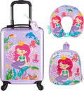 Sanwuta 4 Pcs Kids Luggage Set Kids Backpack Travel Rolling Suitcase with Wheels U-shape Pillow Childrens Gift for Girls Boys(20 Inch,Mermaid Style,Purple)