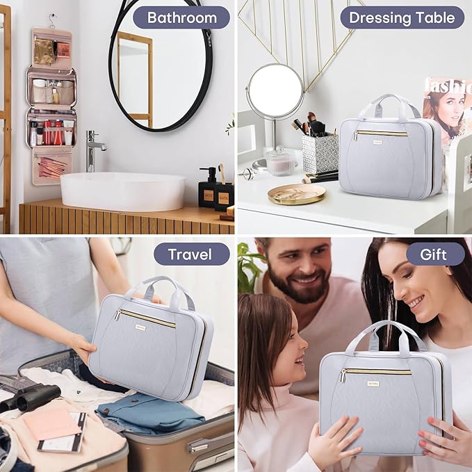 Hanging Toiletry Bag for Women Travel, 2 Sizes Large & Small Waterproof Cosmetic Organizer with 4 Compartments, Rotating Hook, Foldable Pink Travel Bag for Toiletries & Makeup - Medium Grey