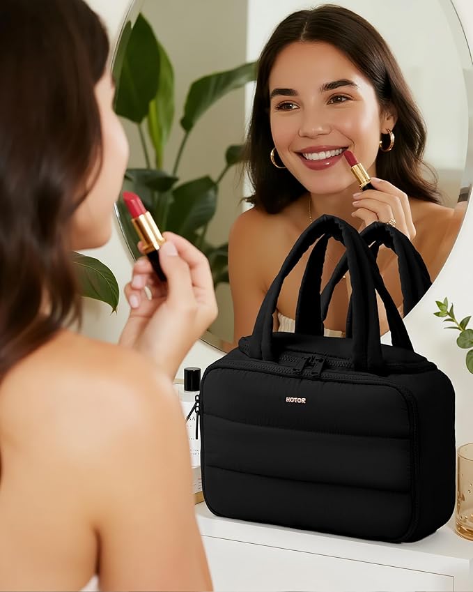HOTOR Travel Toiletry Bag - Wide-Open Toiletry Bag for Women, Multi-Pocket Makeup Bag for Travel Essentials, Wet & Dry Separation Travel Accessories for Trip, Gym, 12.6" x 6.3" x 8.9", Black