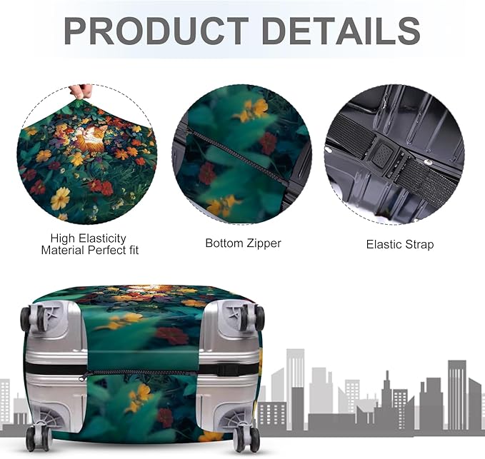 ANNA QUEEN Dreamy Cat Luggage Cover, Cat Sleeping in a Flower Field Design, Stretchable, Washable Travel Protector for 32-34 Inch Luggage