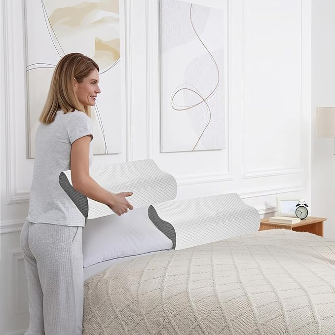 Memory Foam Cooling Bed Pillows for Sleeping, Ergonomic Cervical Pillow for Neck and Shoulder Pain Relief, Adjustable Cold Pillow,with Pillowcase（Grey）