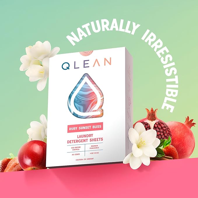 QLEAN Laundry Detergent Sheets (Travel Size 40 Loads) – Travel Laundry Detergent Sheets, Eco-Friendly Laundry Soap, HE & Standard Washer Safe, Stain Remover, Skin-Friendly - Ruby Sunset Bliss