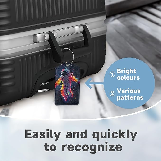 Set of 2 Luggage Tags for Suitcases, Leather Astronauts in Space Baggage Tags with Stainless Steel Loop, Privacy Name ID Card Cover Kawaii Travel Labels for Women Men Kids Girls