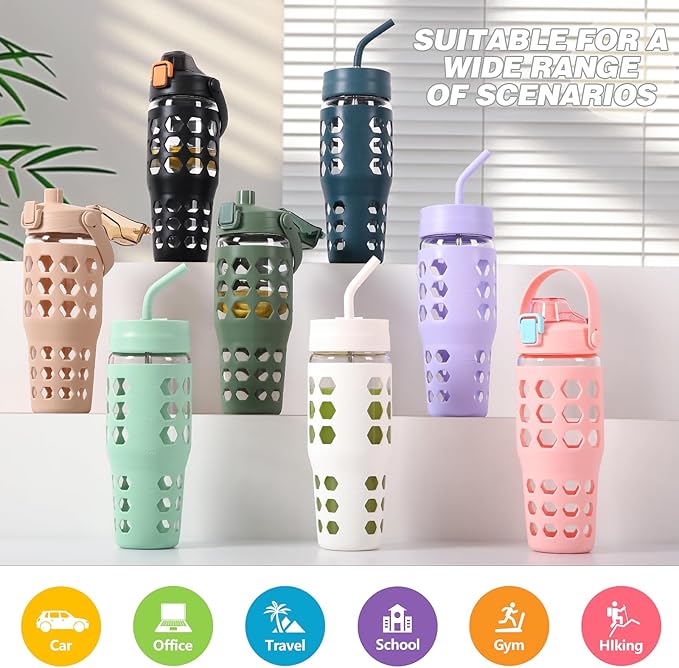 MUKOKO 32 oz Glass Tumbler with Straw,Glass Water Bottles with Time Marker,Iced Coffee Cup with 2 Lids-Handle Spout Lid&Straw Lid,Silicone Sleeve,Leakproof,1 Pack-Purple
