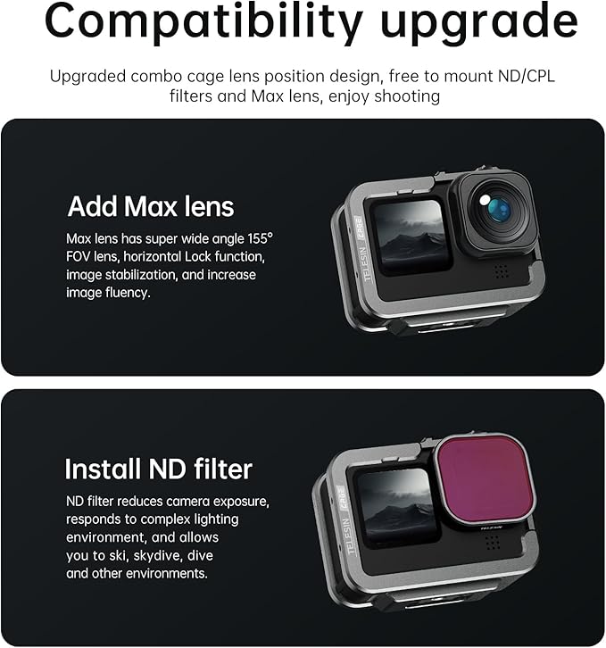 TELESIN Aluminum Case Metal Cage Protective Frame Housing for GoPro Hero 13 12 11 10 9, Fits for Go Pro When ND CPL Lens Filter Max Lens Mount on, with Cold Shoe Connect to Video Light Microphone