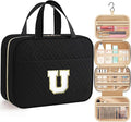 HOTOR Travel Toiletry Bag - Personalized Chenille Initial Makeup Bag, Water-Resistant Personalized Gifts for Women, Portable Travel Accessories & Essentials, Letter U, Black, 11.4"×9.0"×3.35"