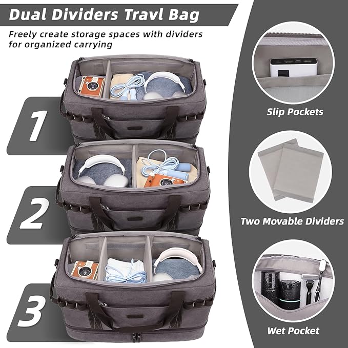 ZOMFELT Travel Duffle Bag for Men Women, Waterproof Canvas Overnight Duffel Bag with Removable Dividers & Shoe Compartment, Carry On Weekender Gym bag, Multi-Pocket & Vintage Design (Washed Grey)