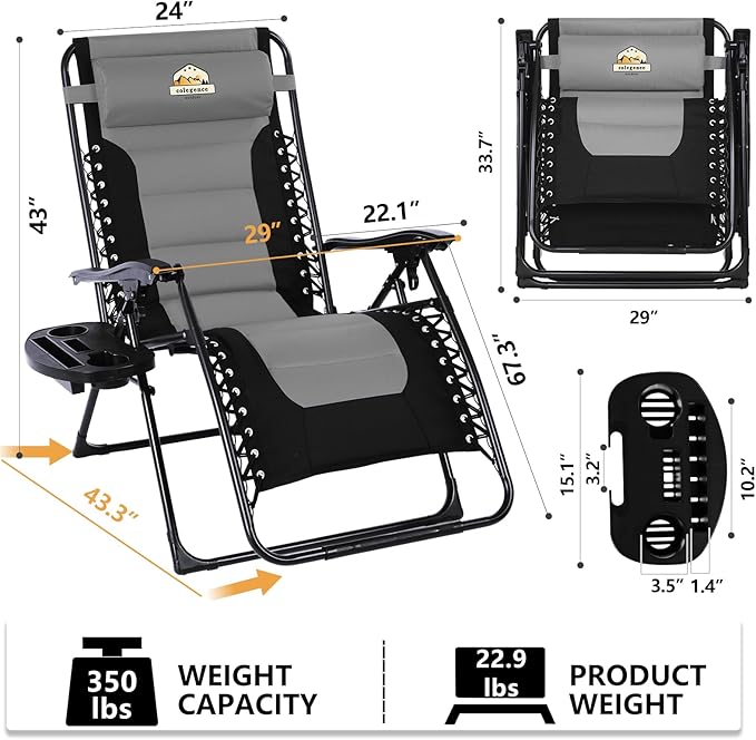 Oversized Padded Zero Gravity Lounge Chair, Foldable Patio Anti Gravity Reclining Chairs Folding Lawn Recliner with Cup Holder for Yard, Camping, Outdoor, Support 350 LBS, Black