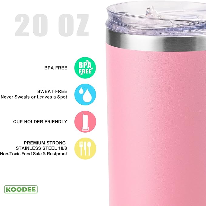 koodee 20 oz Stainless Steel Skinny Tumbler(4 Pack) Double Wall Insulated Water Tumbler Cup with Lids, Straws and Straw Brushe（Baby Blue/Pink/Sky Blue/Teal）