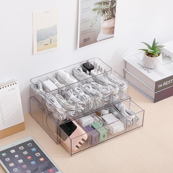 Yesesion 4 Pack Cord Organizer Box with 40pcs Wire Ties, Plastic Charger Storage Case with Adjustable Dividers for Desk Drawer, Home Office Supplies, Stationery, Data Cable, USB, Battery Holder