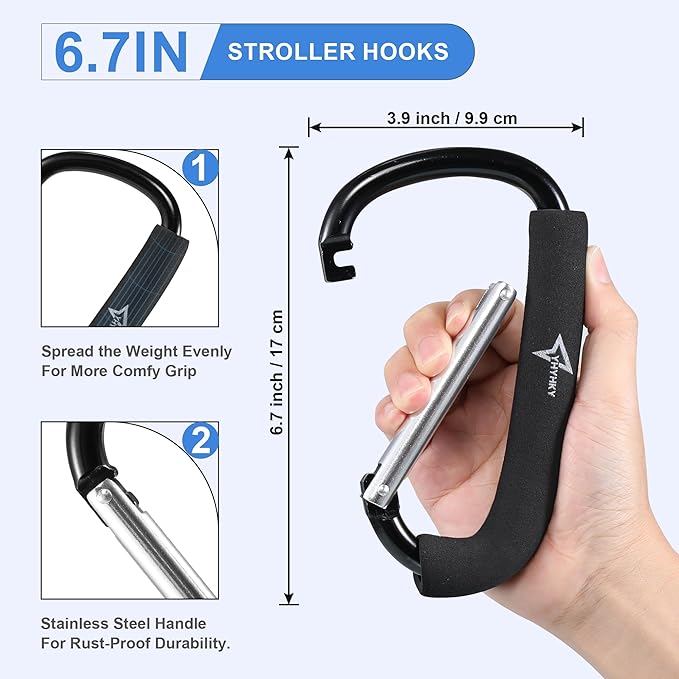 Stroller Hook, 6.3" Large Carabiner Clip for Diaper Bags, Groceries, and Purse, Mommy Hook for Mom, Universal Fit for Most Stroller Accessory Handles