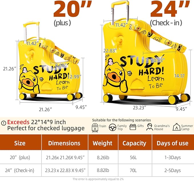 Kids' Lightweight Ride on Luggage with Spinner Wheels & Foldabe Design (Yellow Study, 24"+ Aged 3-12 Toddler)