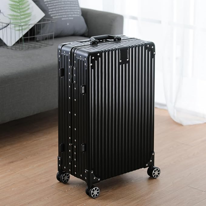 Metal All Aluminum Carry-on Luggage TSA Customs Lock Zipperless Silent Rotary Wheel Business Suitcase Aluminum Frame Set (black, 26 '')
