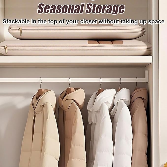 Space Saving Hanging Garment Bag with Self Compression Zipper, Space-Saving Dust-Proof Down Jacket Compression Storage Bag for Coats Blankets, Sweaters, Seasonal Clothes(Beige, XL)