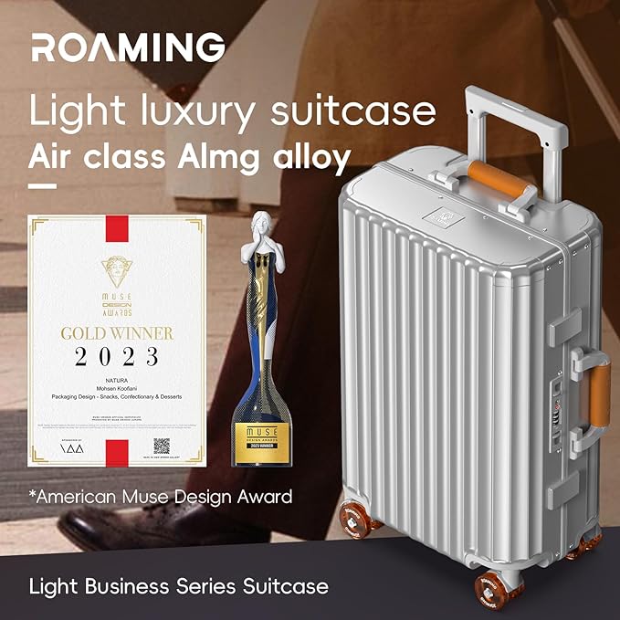 ROAMING 24 Inch Check Luggage Durable All Aluminum Hardshell Suitcase - Zipperless Luggages Airline Approved with 360° Spinner Wheels, TSA Lock, USB Port Smart Organizational Pockets （Silver orange）