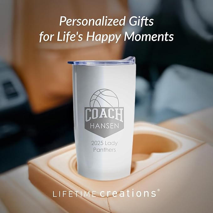 Lifetime Creations Personalized Basketball Coach Tumbler: Custom Basketball Coach Gift, Coaches Coffee Travel Mug from Team, Insulated Engraved Stainless Steel 20 Ounce Cup (White)