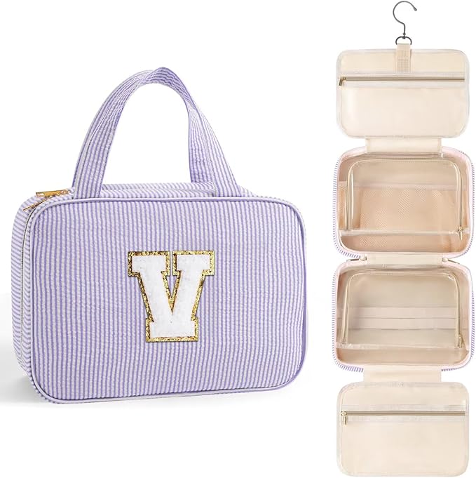 TOPEAST Travel Toiletry Bag for Women - Hanging Toiletry Bag Makeup Bag, Portable Toiletries Cosmetic Bag, Airplane Travel Essentials - Letter V, Purple