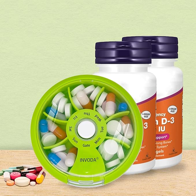 INVODA Weekly Pill Organizer 7 Compartment Rotating Pill Box for Daily Medication & Vitamins - Portable Travel Pill Case Fish Oil Supplements Vitamins Organizer (Orange)