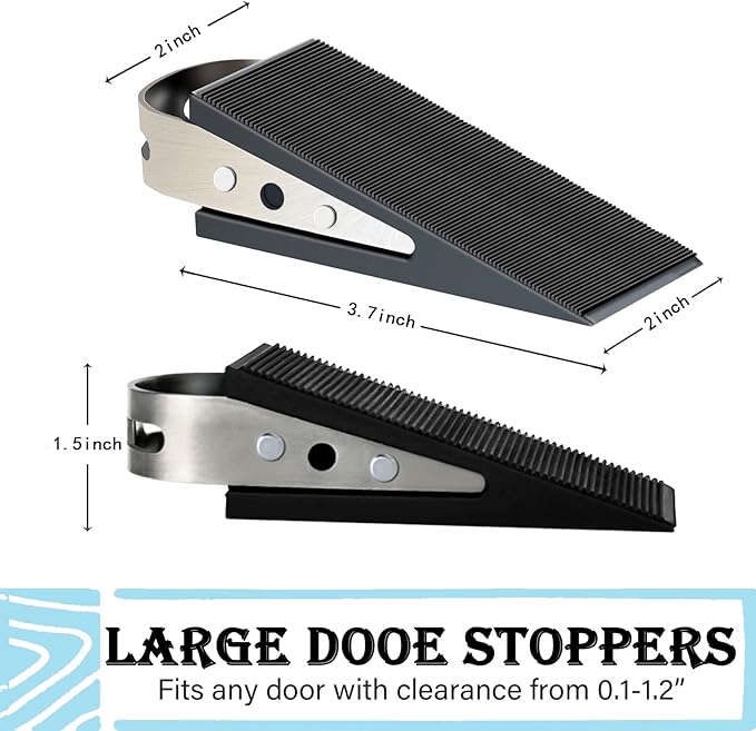 Shackcom Rubber Door Stopper Wedge, 4 Pack Black Heavy Duty Door Stop Suitable for All Floor Types, with Stainless Steel Hangers for Easy Storage, Prevents Unwanted Slams and Bumps
