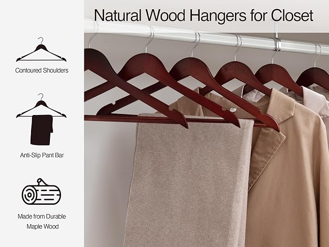 StorageWorks Wooden Hangers 30 Pack, Wood Coat Hanger for Coats, Shirts, Jackets, Pants, Suits, Dark Cherry Color