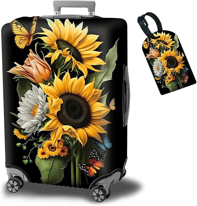 Suitcase Protector Plus 1 Luggage Tag, Sunflower Orchids Travel Suitcase Cover for 22-24 inch Luggage (M) with Concealed Zipper, Washable Elastic Cloth, Dustproof, Anti-Scratch