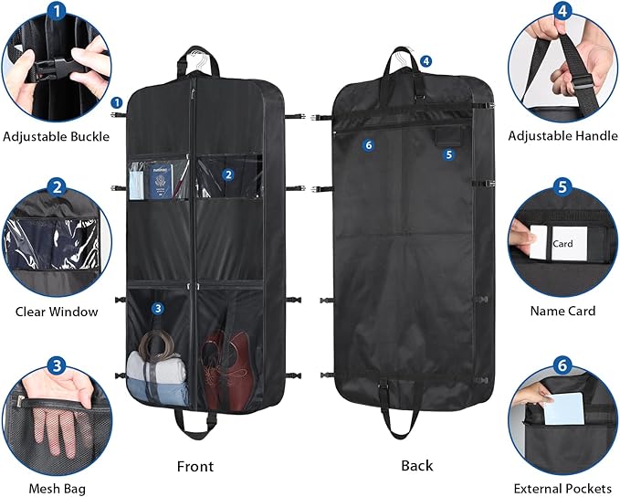 Zilink Heavy Duty Garment Bags for Travel with Accessory Pouch Carry on Suit Bags for Men Travel Convertible Hanging Suit Cover Bags for Women for Suit Shirts Coats Dresses, Black