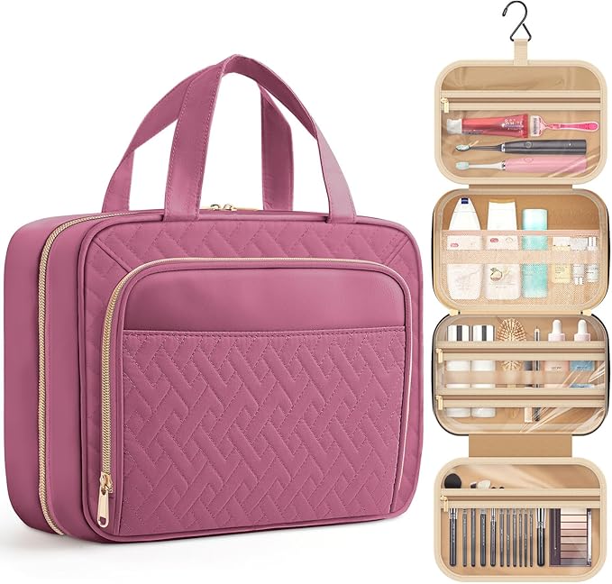 HOTOR Travel Toiletry Bag for Women & Men, Waterproof Makeup Bag with Hanging Hook and Multiple Pockets, Cosmetic Bags for Women, Travel Essentials, 12.6'' x 4.3'' x 9.9'', Rosewood-Pink