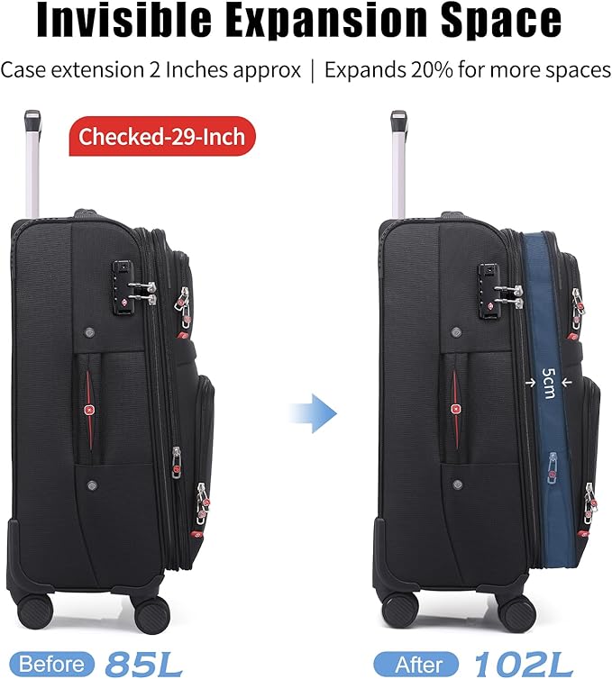 Softside Expandable Luggage with 4 Spinner Wheels, Durable Checked-Luggage Suicase (Black, 3-Piece Set 21/25/29)