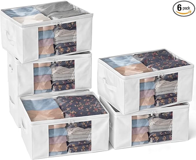 Clothes Storage Bags, Foldable Thick Fabric Blanket Storage Bags, Large Clear Window & Carry Handles, Great for Clothes, Blankets, Closets, Pillows, Toys (White, 6PACK)